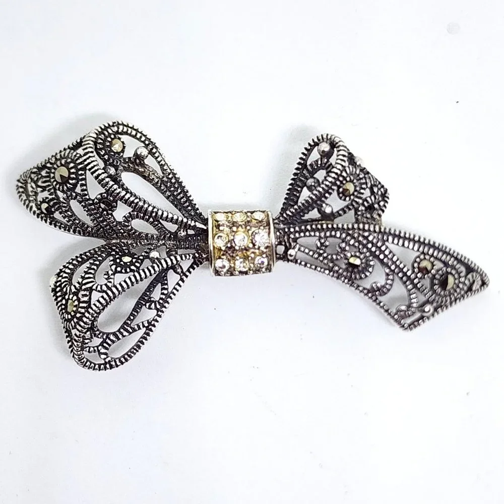 Vintage Sterling Silver Rhinestone and Marcasite Accent Bow Pin Brooch